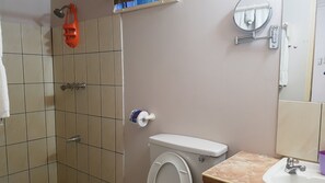 A bathroom with a toilet, sink, and shower area.