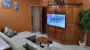 A living room with a sofa, a television displaying a cycling event, a wooden cabinet, and a potted plant. - Birdie's Nest condo #2 with ocean view (Black Rock)