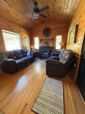 تلفزيون ذكي، مدفأة، كُتُب، مكتبة فيديو