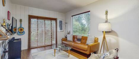 Televisio, takka, kirjoja, stereot