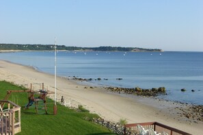 On the beach, sun loungers, beach towels