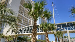 A modern hotel with a glass facade, palm trees, and a pedestrian bridge.