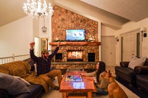 Smart TV, fireplace, video games, DVD player
