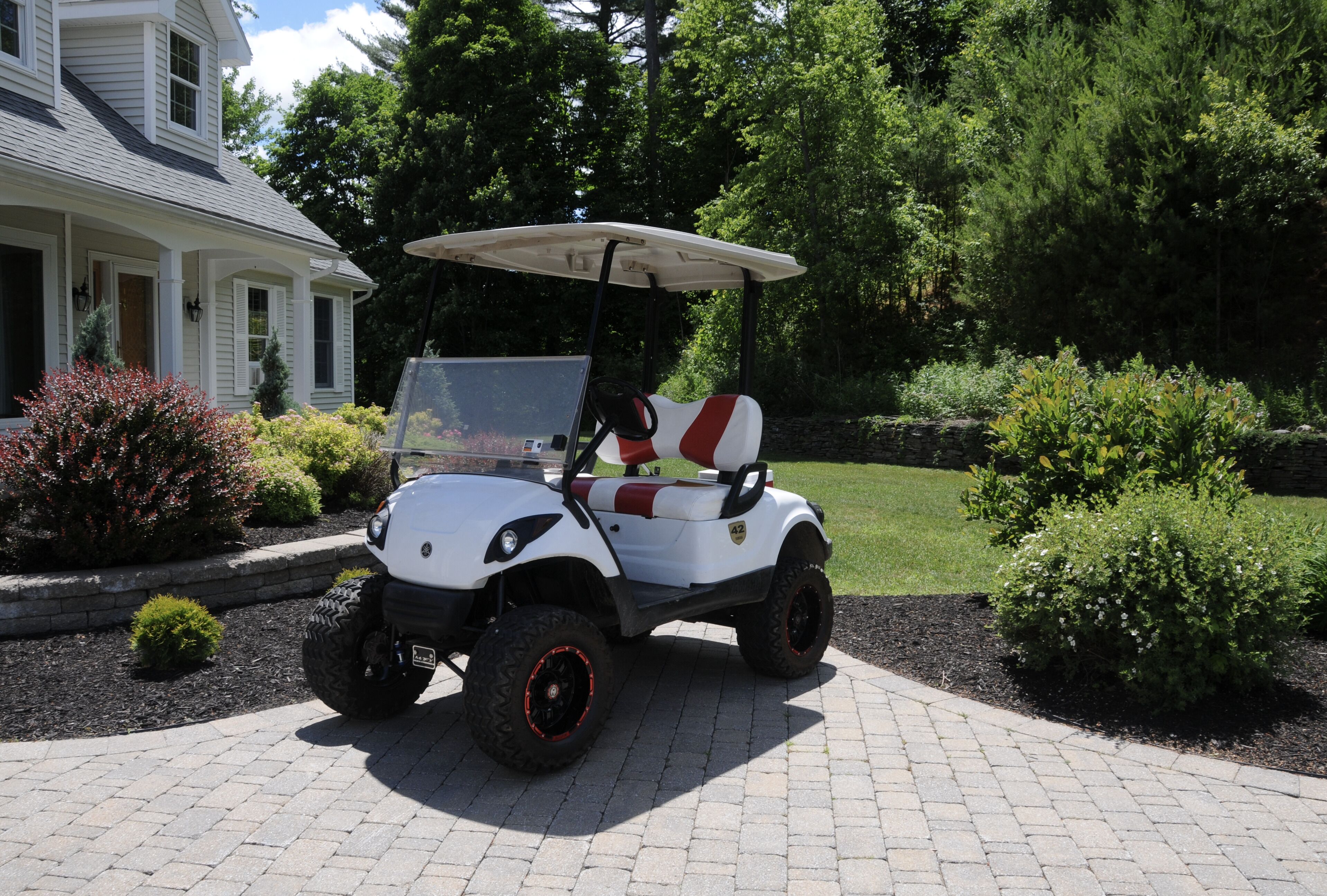 A golf cart parked on a paved driveway with a house and lush greenery in the background.