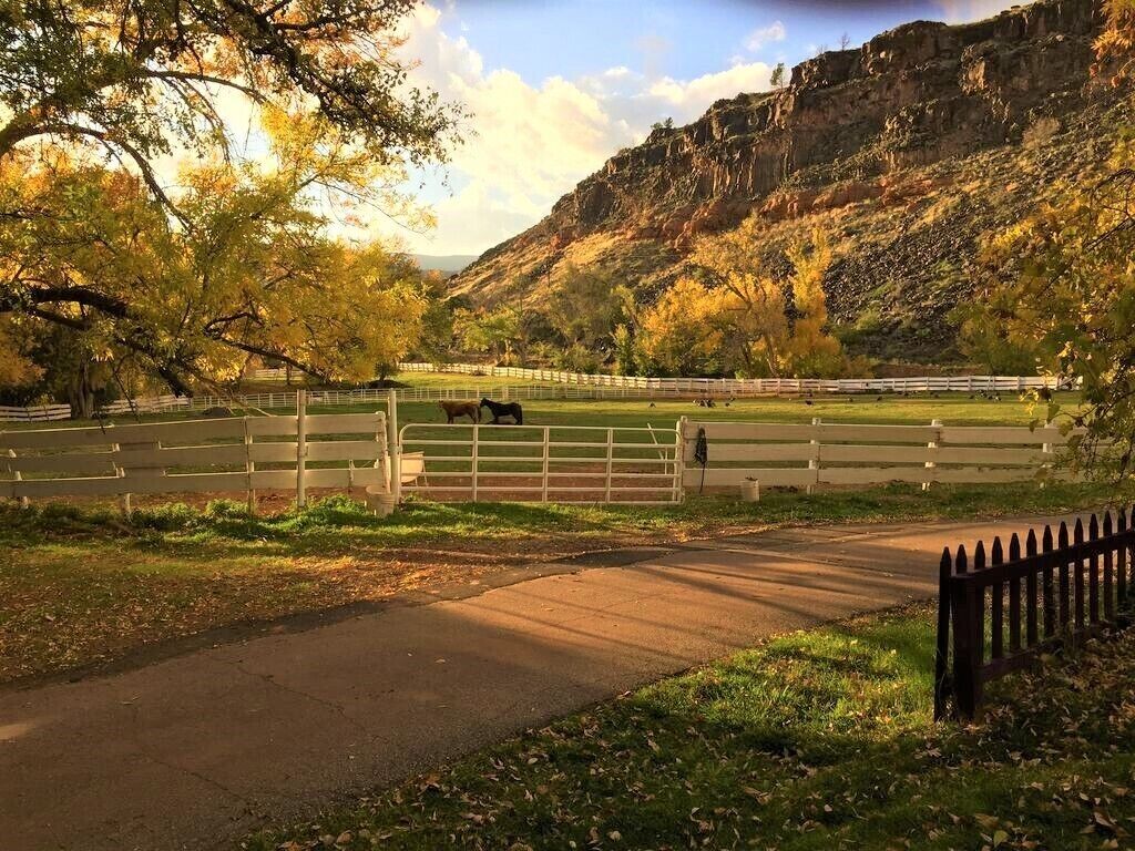 Paisaje rural con un cercado, un camino de tierra y una montaña al fondo.