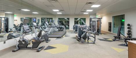 A gym with treadmills, elliptical machines, and weight equipment.