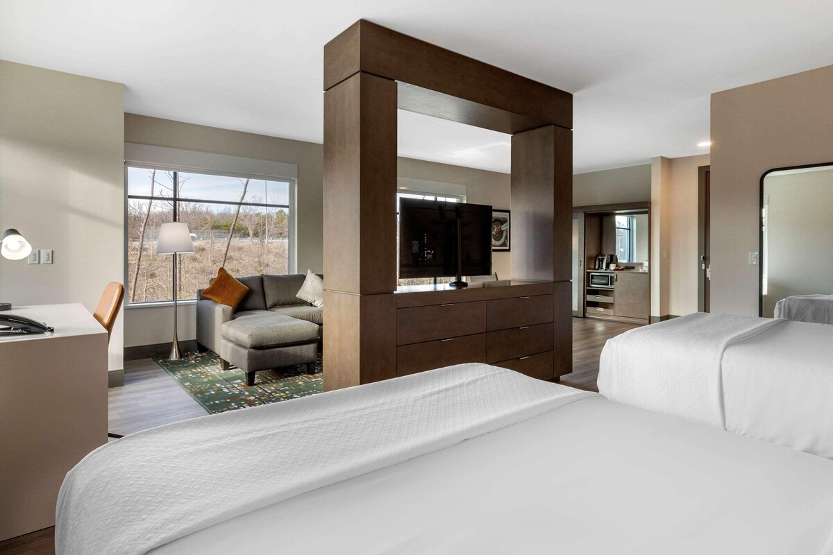 Una habitación de hotel moderna con una cama grande, un escritorio, una silla, un televisor y un aparador.