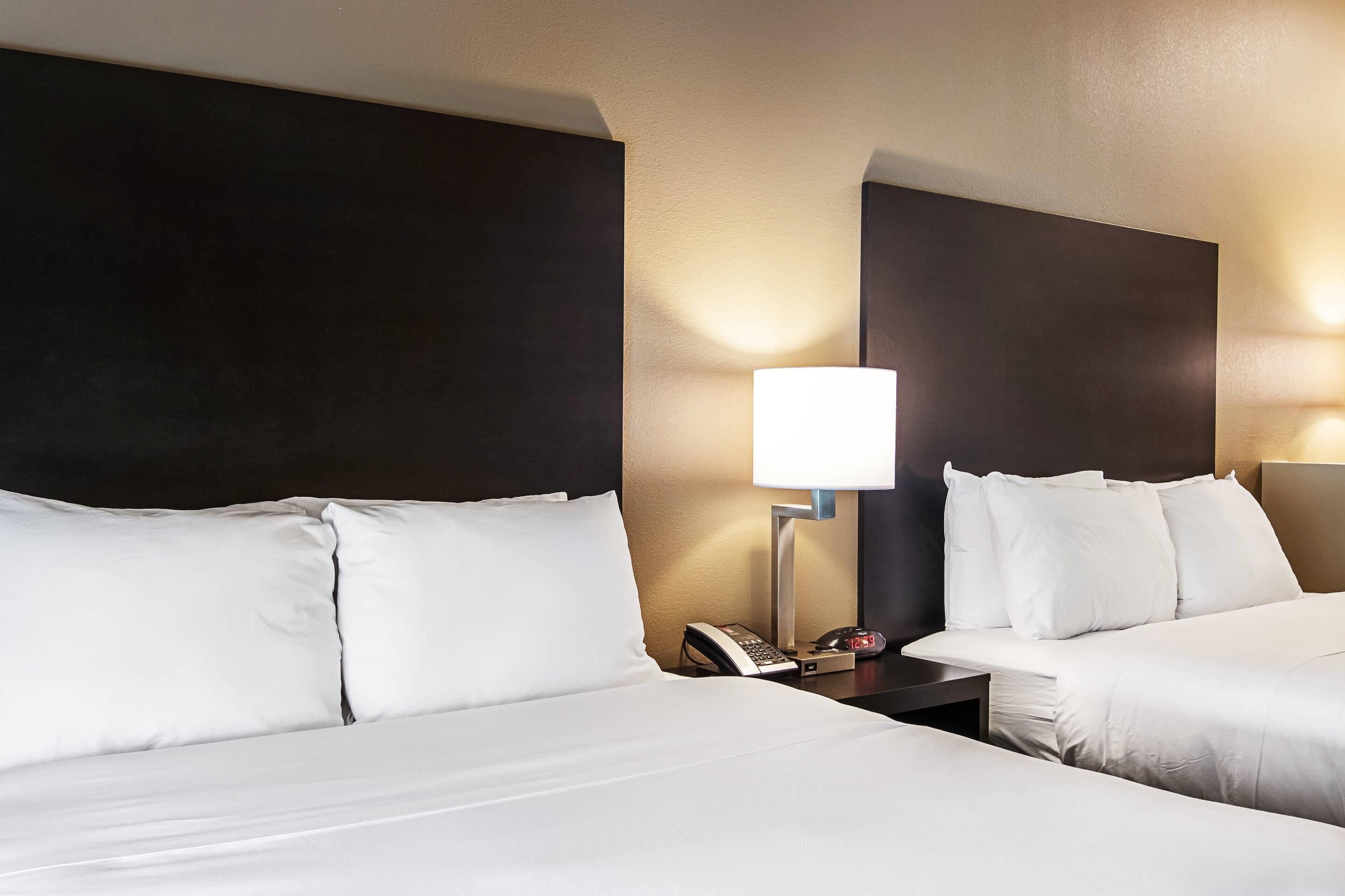 A hotel room with two beds, a nightstand with a lamp, and a phone.