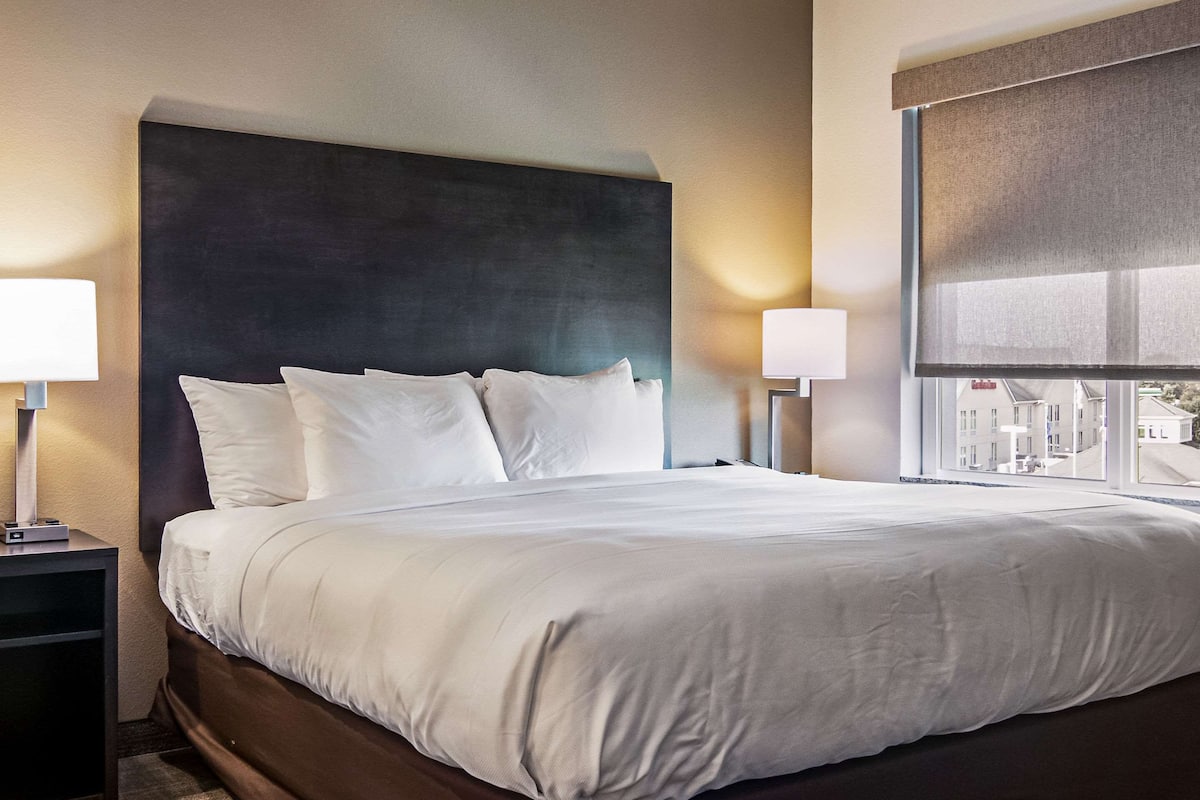 Suite, 1 King Bed, Non Smoking | Desk, laptop workspace, blackout drapes, iron/ironing board