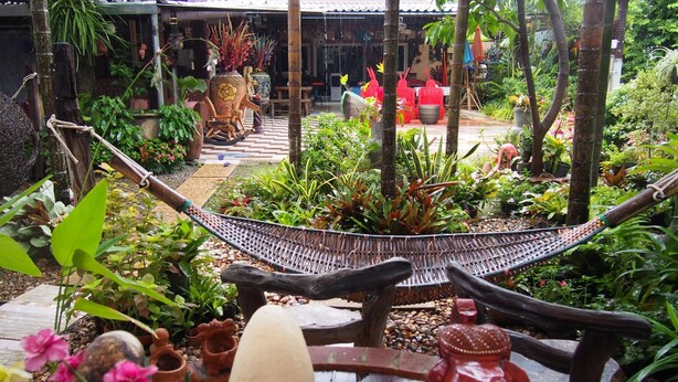 Uma rede em um jardim exuberante, com diversas plantas e objetos decorativos.