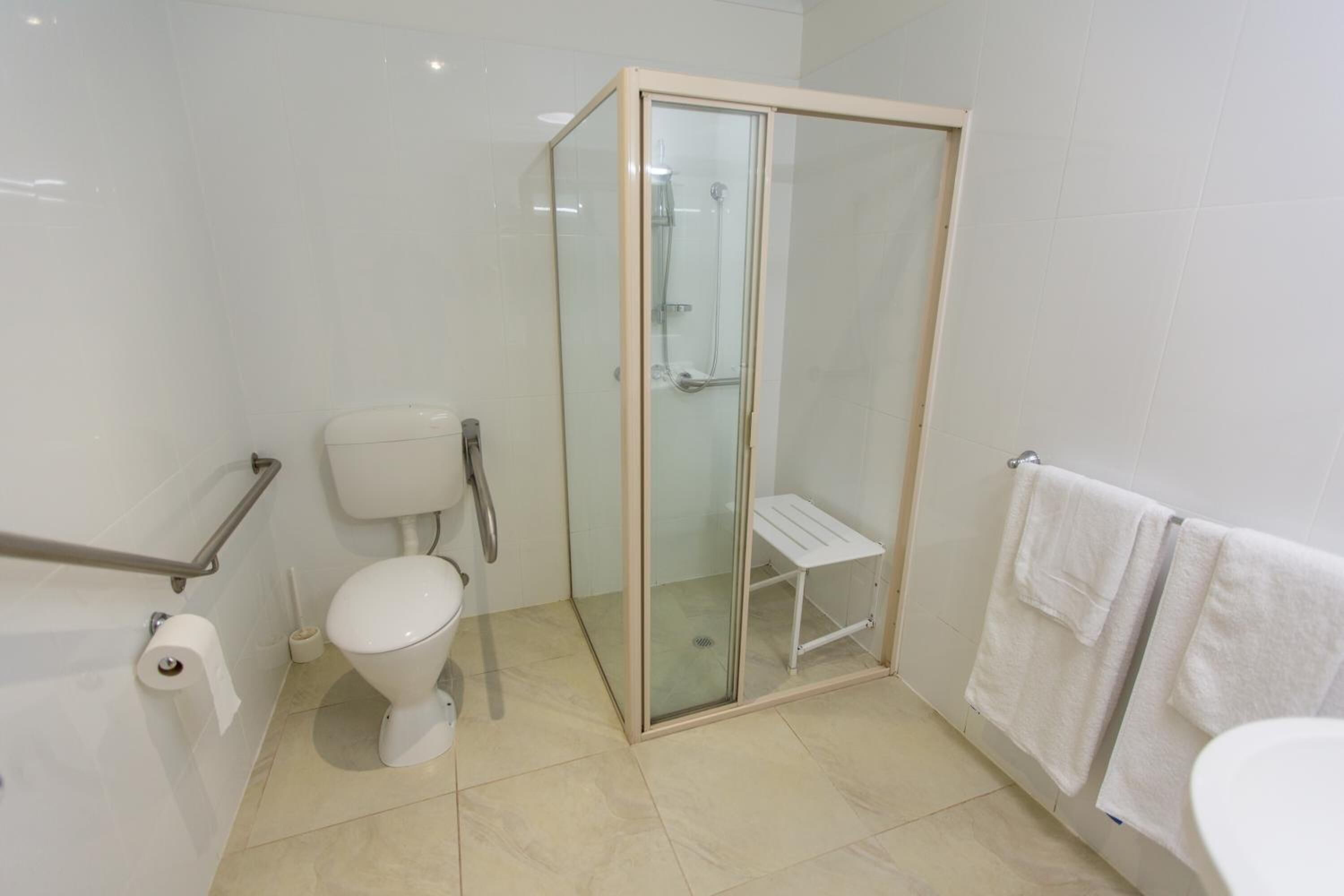 Ein Badezimmer mit einer Duschkabine, einer Toilette, einer Handstange und einem weißen Waschbecken.