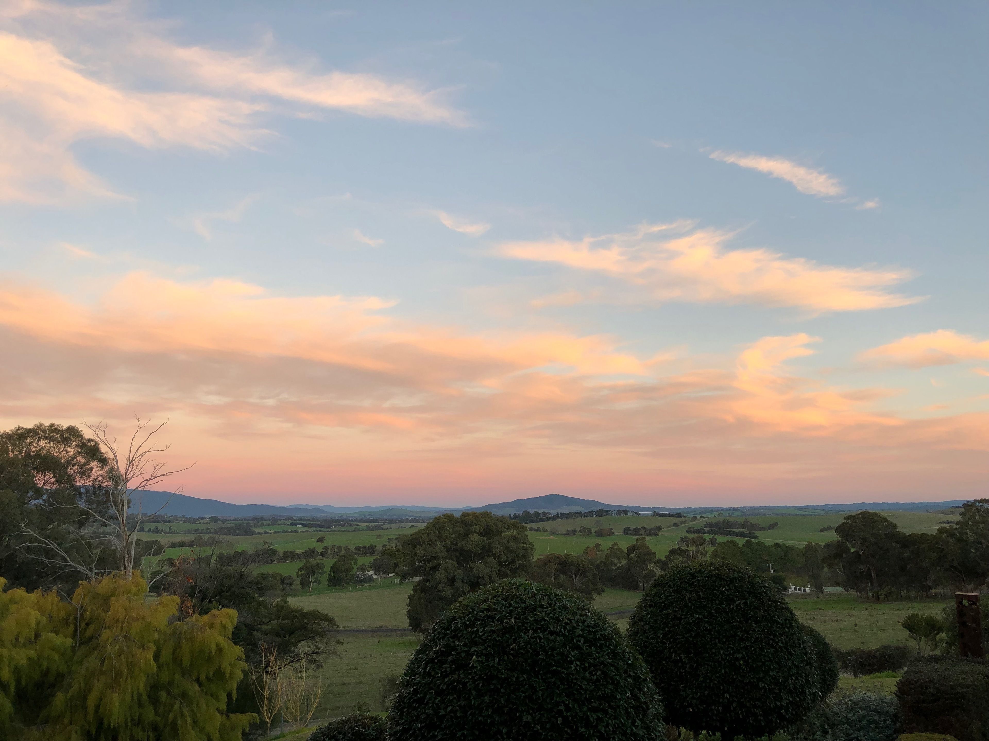 A landscape view with rolling hills, trees, and a clear sky.