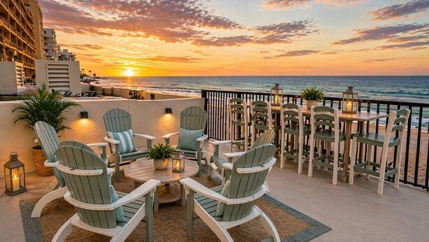 A terrace with Adirondack chairs, a round table, and a view of the sunset over the ocean. - Sand Dollar Breathtaking Direct Oceanfront Views, New Pool and Beach Access Open (Daytona Beach Shores)