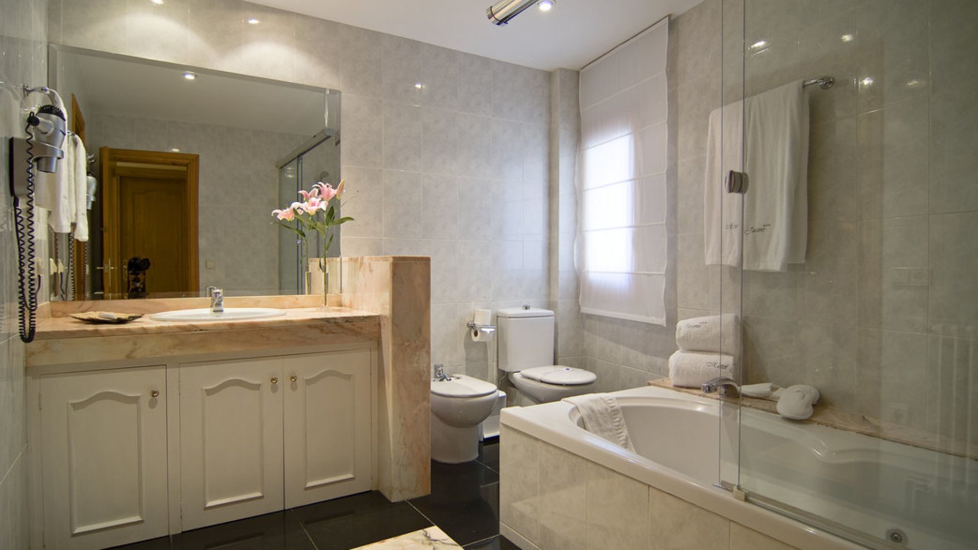 separate bathtub and shower, free toiletries, hair dryer, bidet