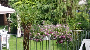 A garden with a white chair, a table with a red tablecloth, and a potted plant with pink flowers.