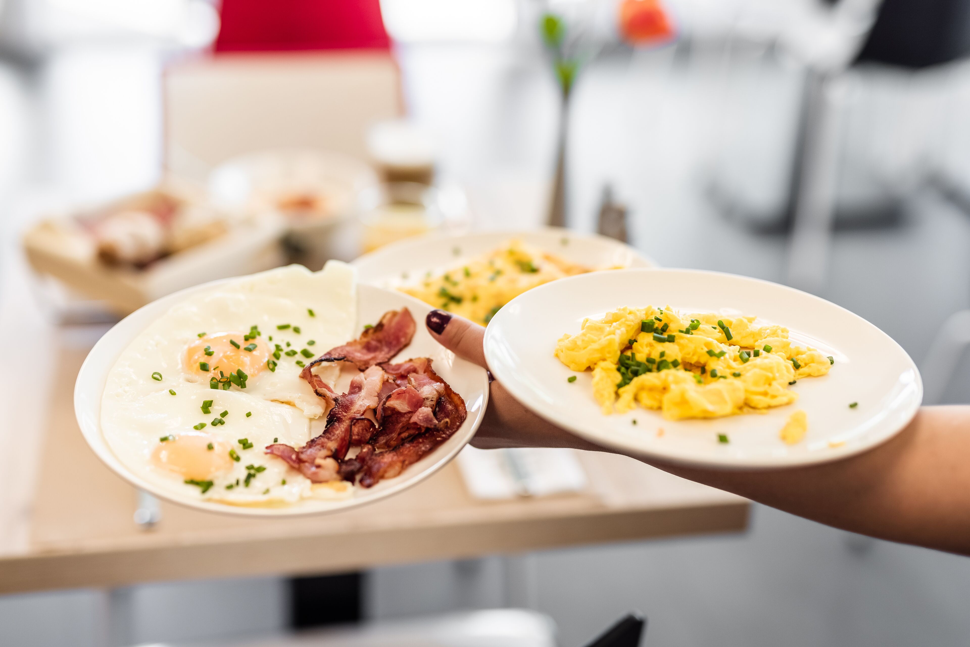 Una persona sostiene dos platos de comida, uno con huevos y tocino, y otro con huevos revueltos, ambos adornados con cebollino.