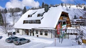 A snow-covered building with a sloped roof, a visible entrance, and a flag. - Hotel Höhengasthof Grüner Baum (Feldberg)