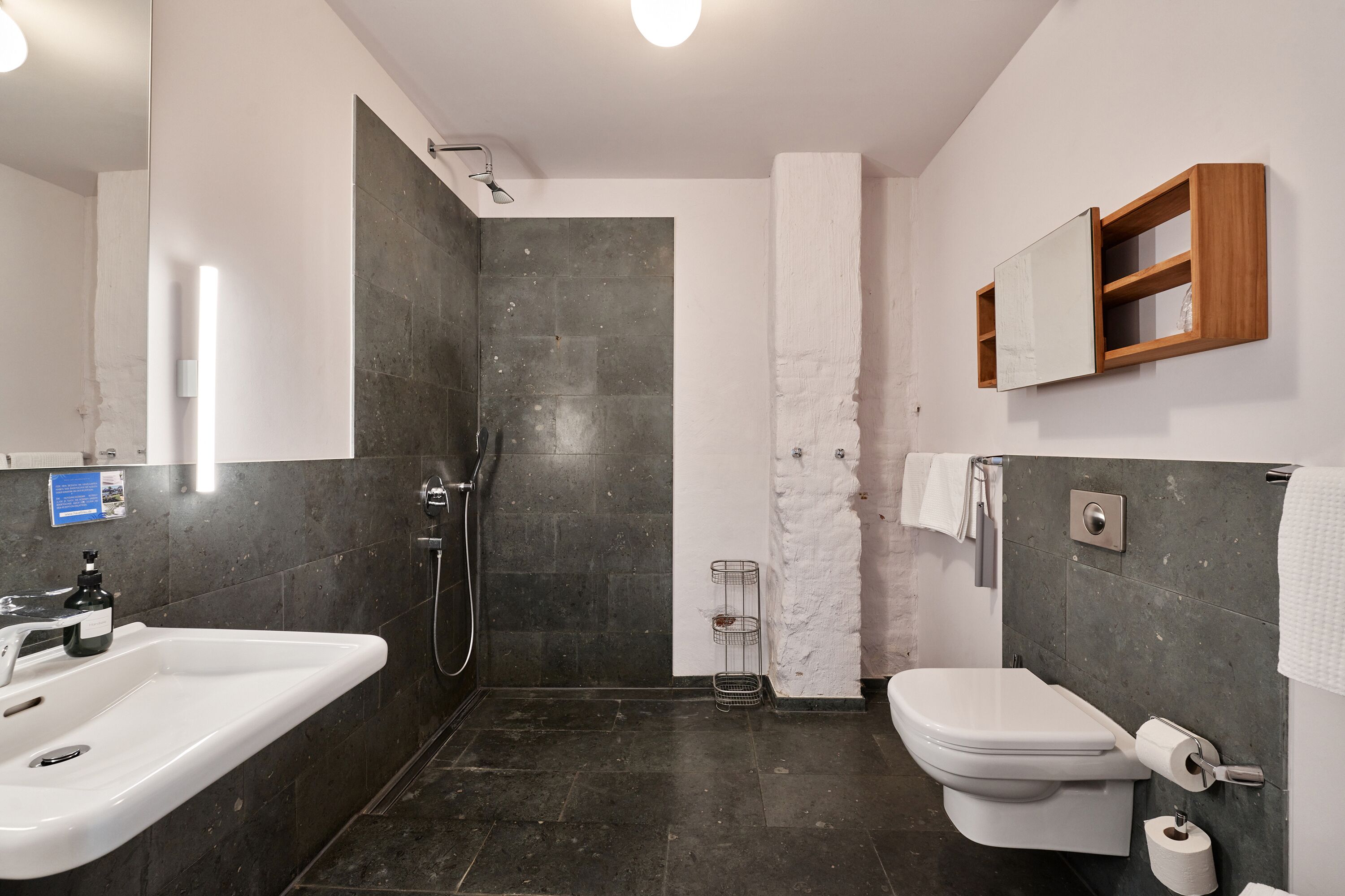 Une salle de bain moderne équipée d’une douche, de toilettes et d’un lavabo.