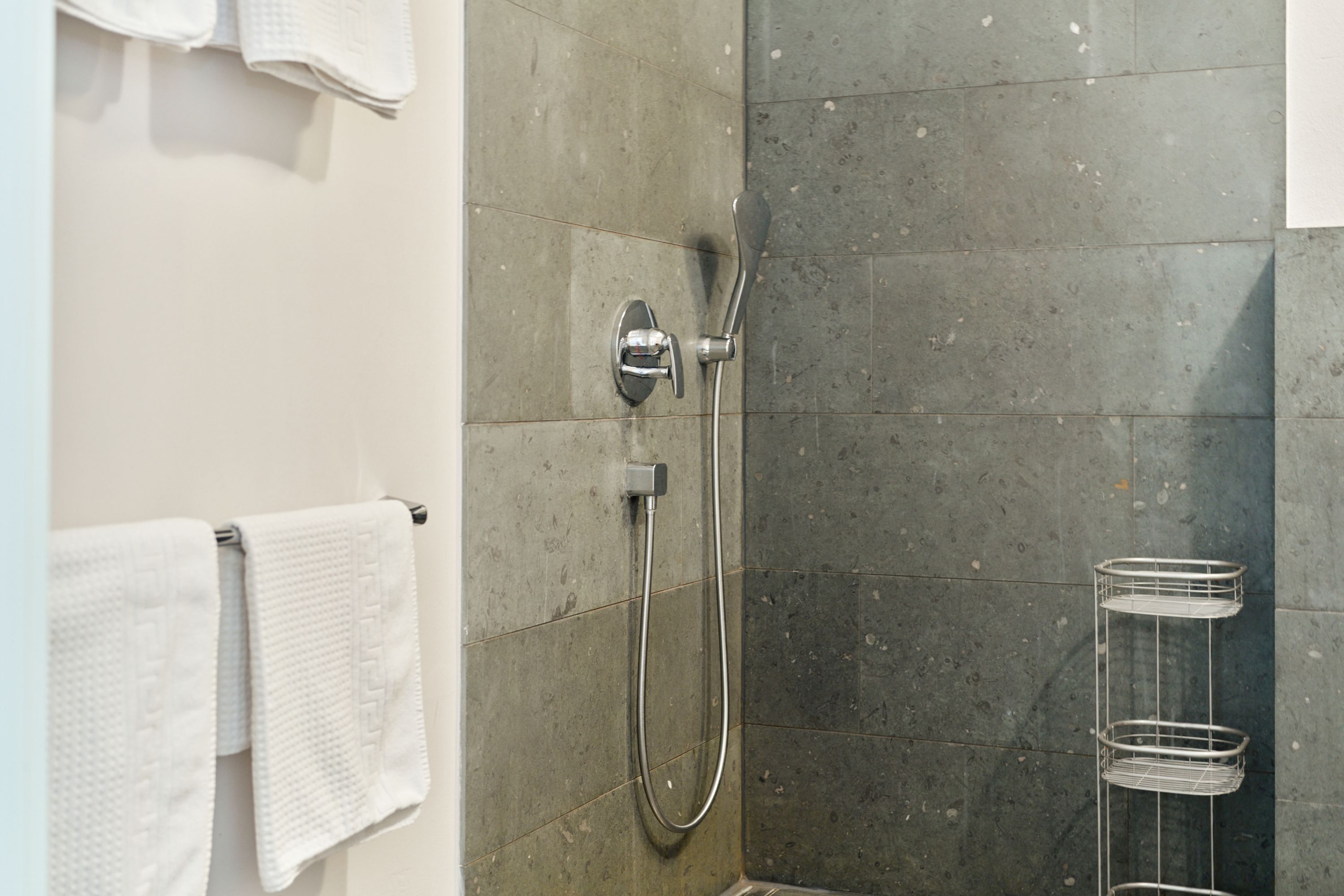 A shower area with a handheld showerhead, a towel rack with folded towels, and a metal shelf unit.