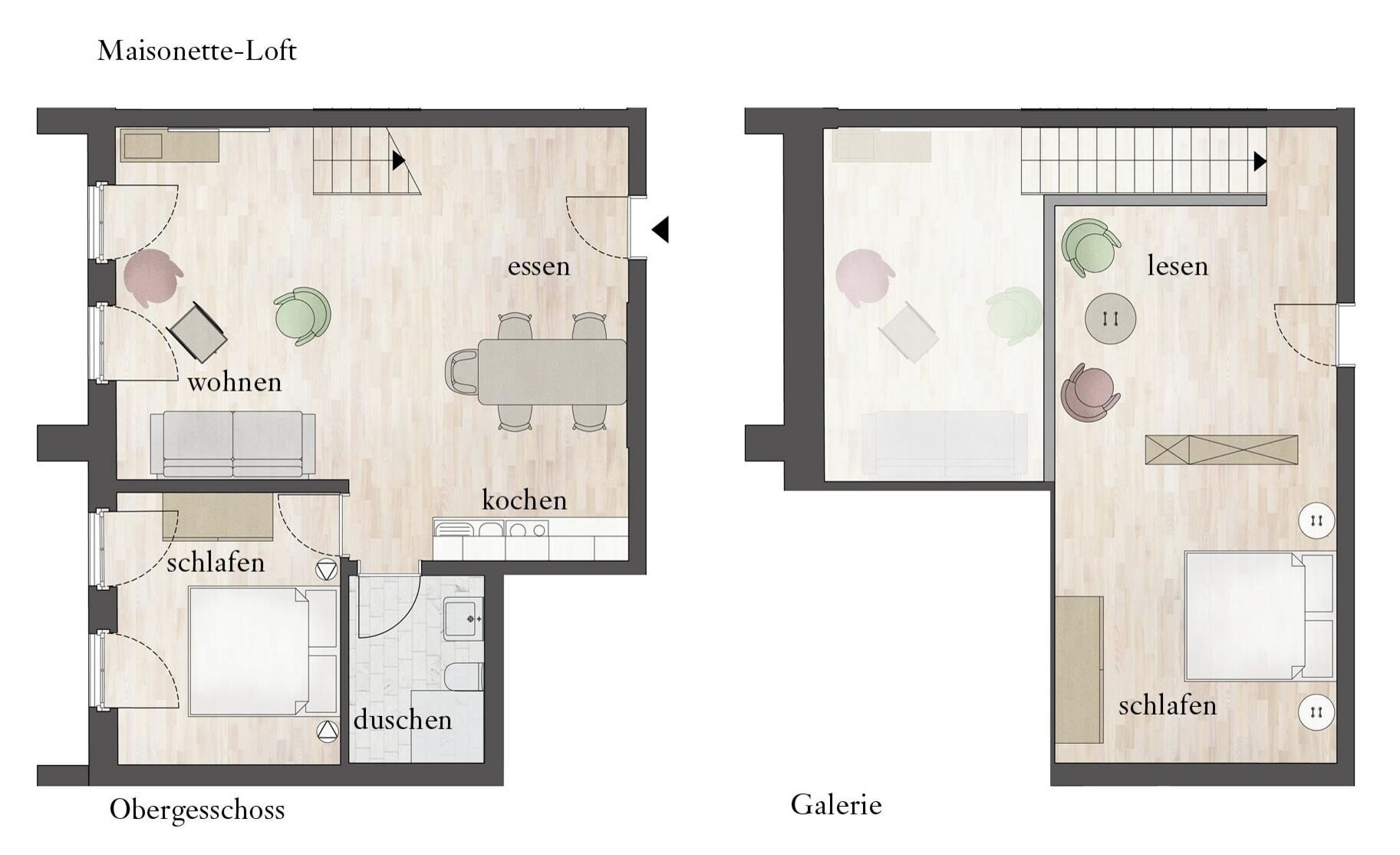 Distribución tipo maisonette con sala de estar, cocina, comedor y dos dormitorios.