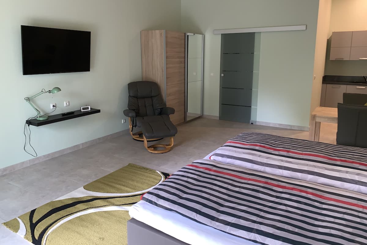 Un dormitorio con cama, sillón reclinable, televisión y armario.