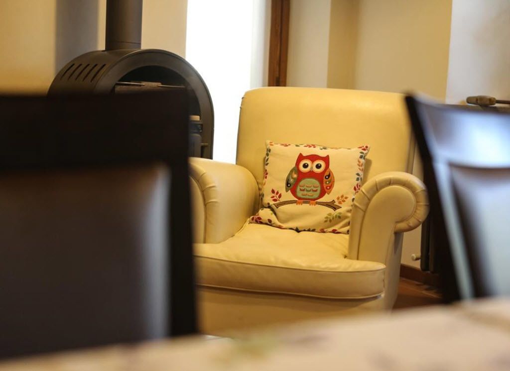 A room with a sofa and a chair, both with a cream color. There is a decorative pillow with an owl design on the chair.