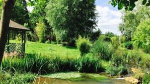 Een rustige tuin met een vijver, weelderige begroeiing en een prieel.