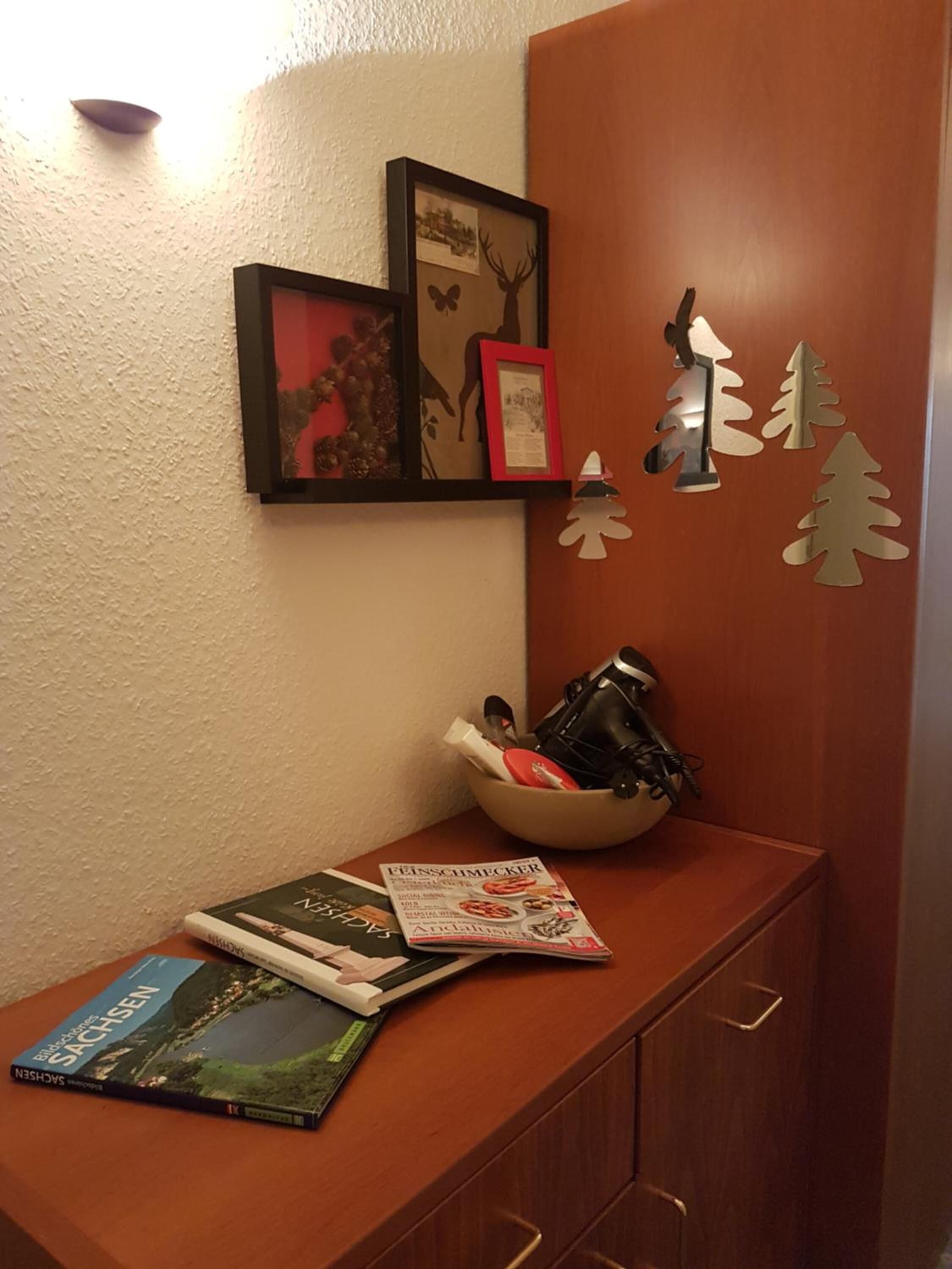 A wooden desk with a bowl containing a camera and a magazine titled 'FINSCHMECKER'.
