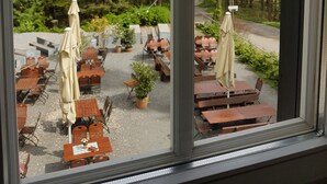A view through a window of an outdoor seating area with tables and chairs, surrounded by greenery and trees.