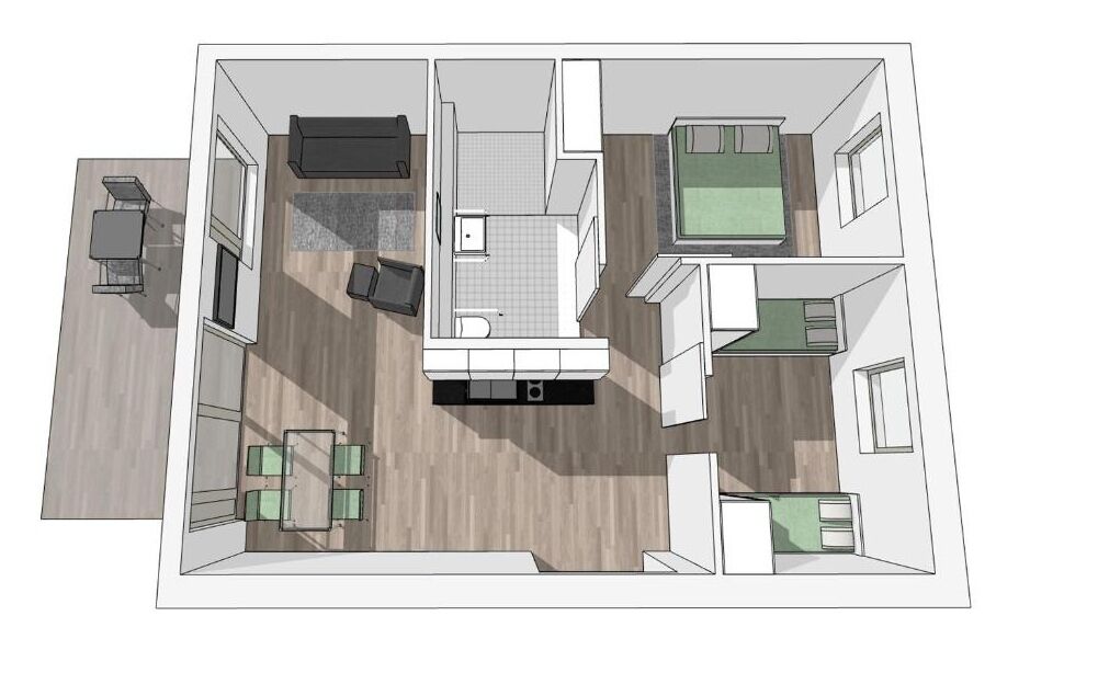 A 2-bedroom apartment layout with a living room, dining area, kitchen, and two bedrooms.