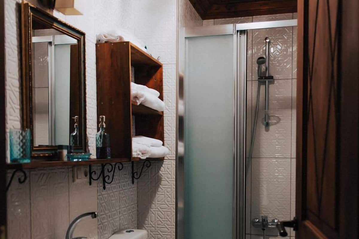 Un baño con techo de madera, un lavabo, inodoro, ducha y espejo.