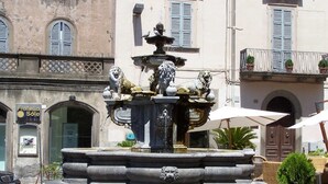 Una fontana in pietra con leoni e uccelli, circondata da una balaustra in pietra.