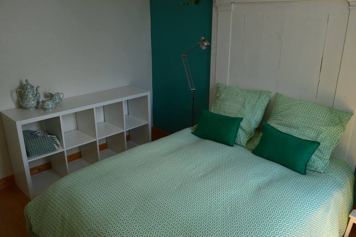 A bedroom with a bed, green patterned bedding, a white shelving unit, and a teal accent wall.