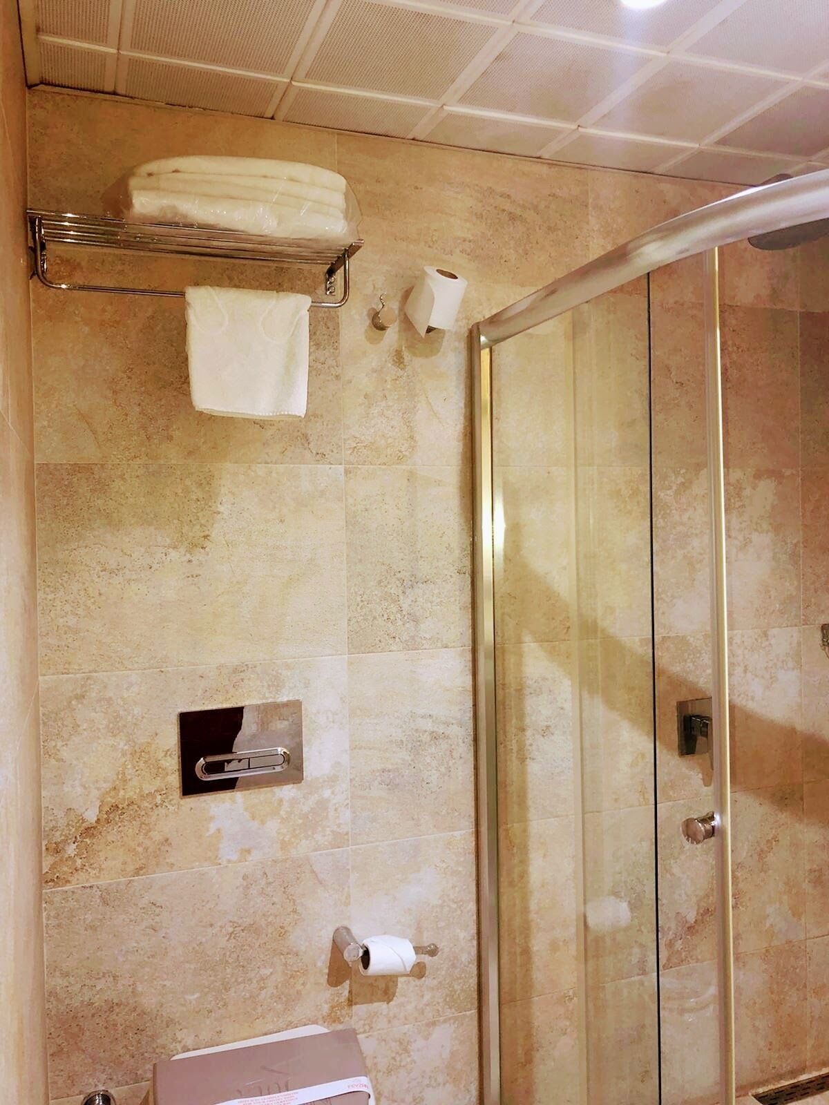 A bathroom with a glass shower door, a towel rack with a folded towel, and two rolls of toilet paper on the wall.
