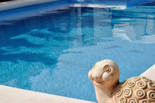 A clear blue pool with a stone sculpture of a turtle.