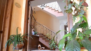 A staircase with a wooden handrail and a metal railing, leading to an upper floor. There are potted plants on the floor and a small rug near the bottom of the stairs. - Hostal Toribio (Galaroza)