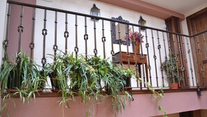 A balcony with metal railings, potted plants, and a wooden door. - Hostal Toribio (Galaroza)