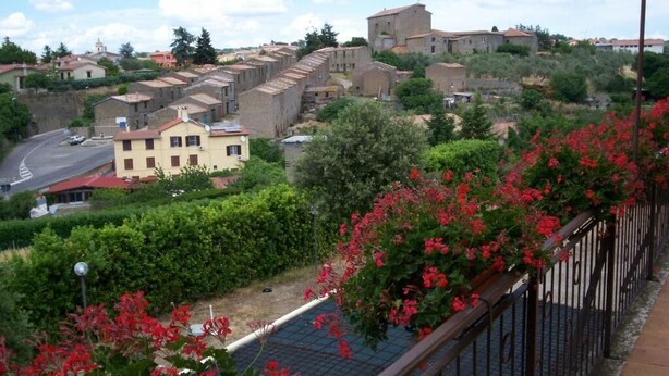 Un pueblo en la ladera con edificios de piedra tradicionales, una carretera pavimentada y una barandilla de metal adornada con flores rojas.