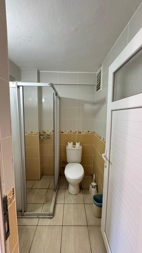 Casa de banho com chuveiro, sanita e lavatório.