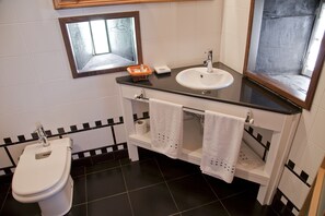 A bathroom with a toilet, sink, and mirror. - Pazo de Verdes (Cospeito)