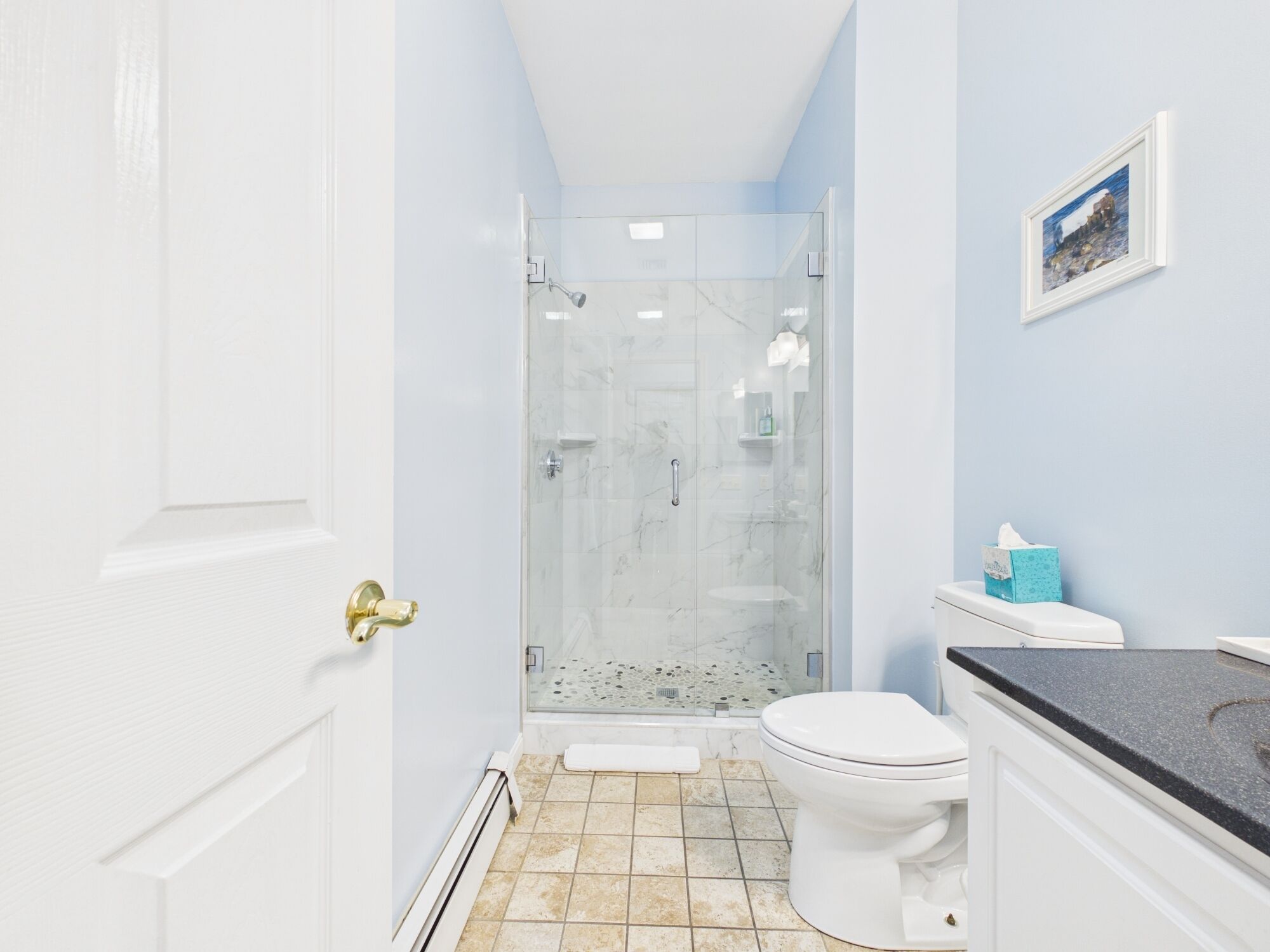 Un bagno con doccia vetrata, un water e un lavandino.