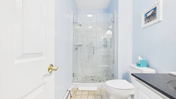 Un bagno con doccia vetrata, un water e un lavandino.