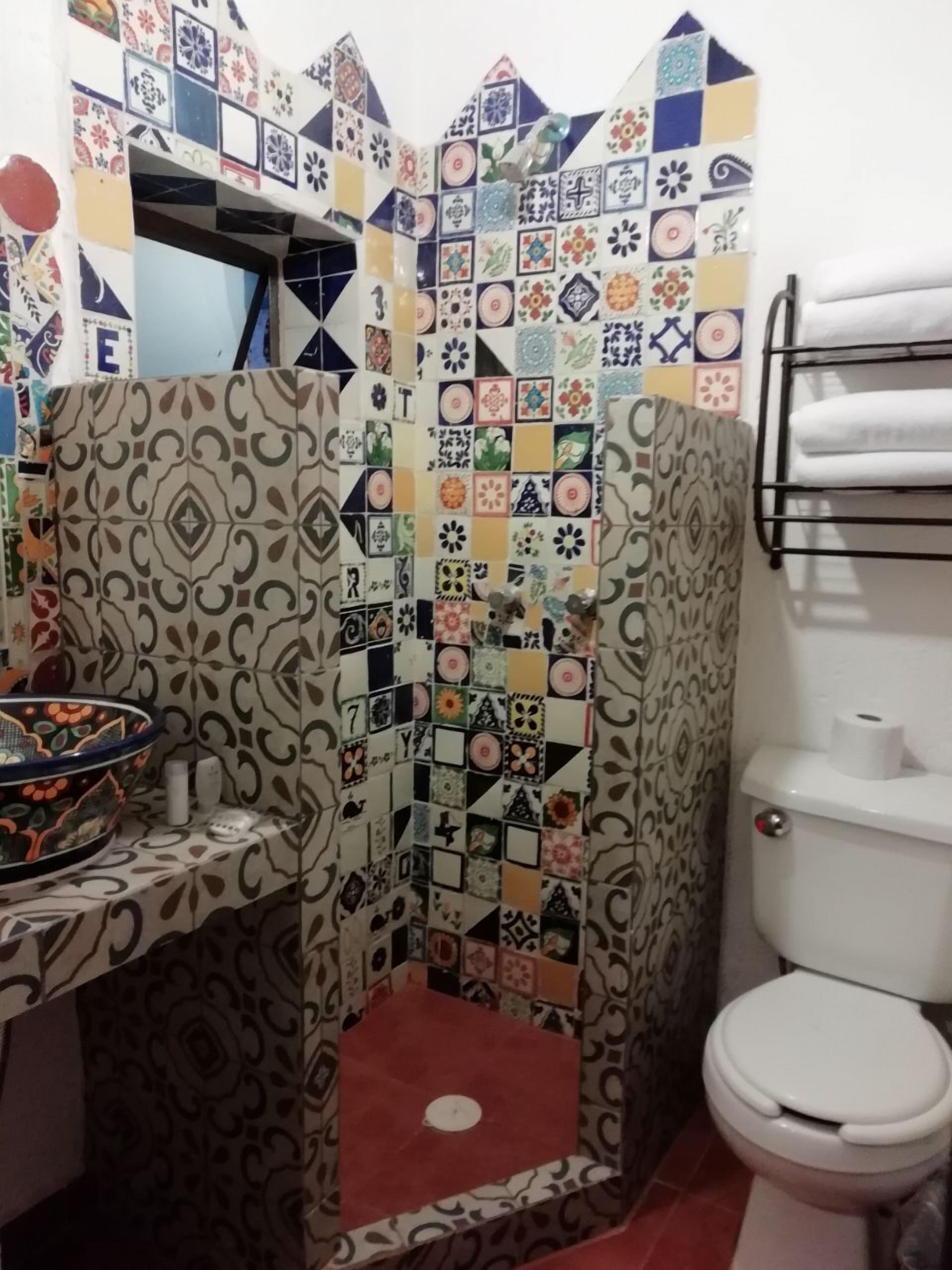 Une salle de bain avec une douche carrelée, un lavabo agrémenté d’un récipient décoratif et des toilettes.