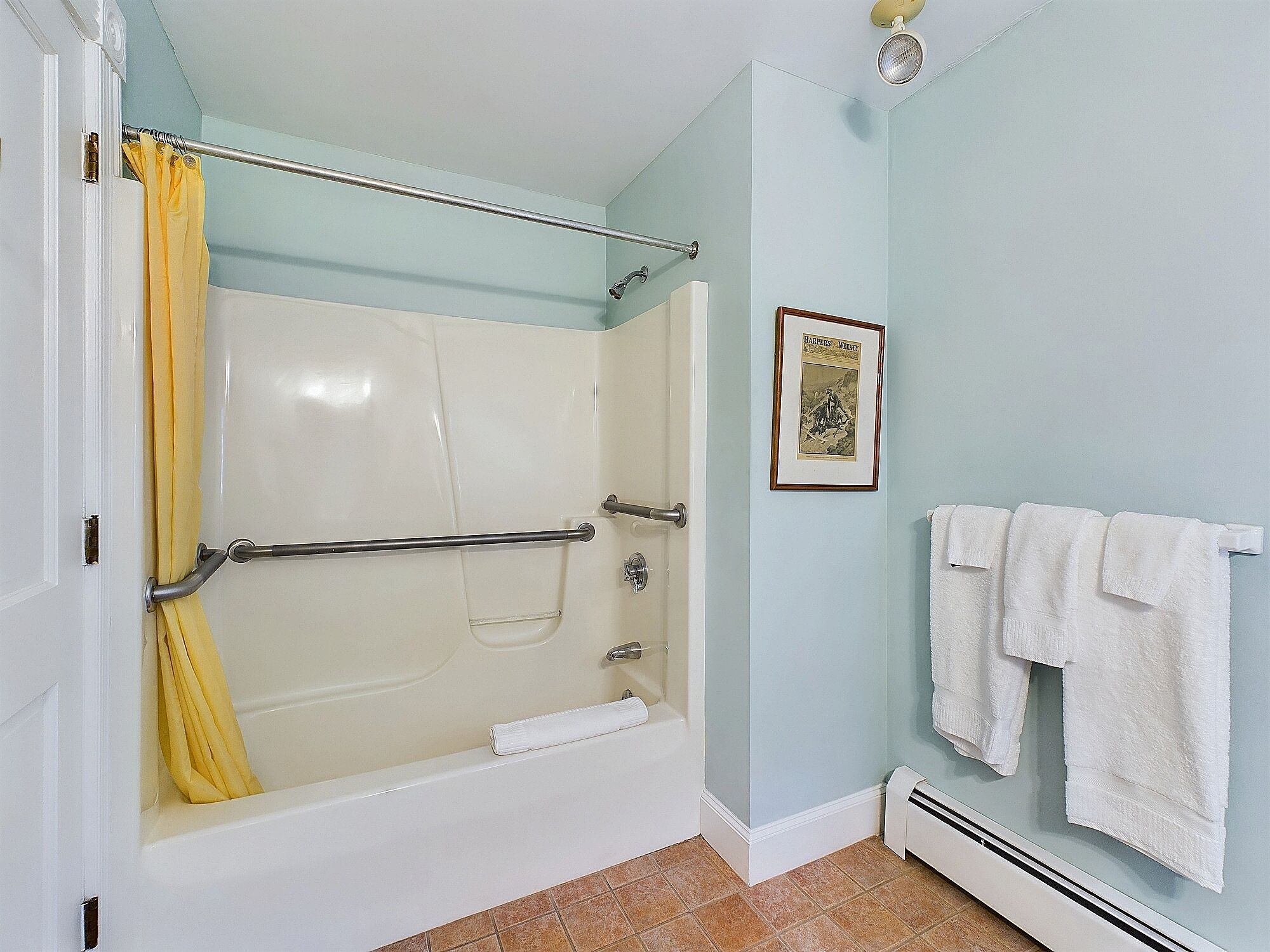 A bathroom with a bathtub, a shower, a towel rack with towels, and a framed picture on the wall.