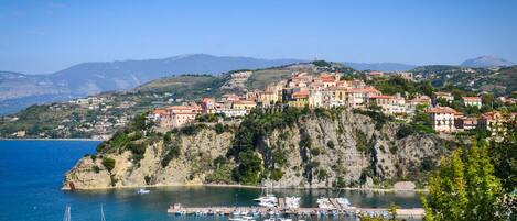 A coastal town with buildings on a hillside overlooking a marina with numerous boats.
