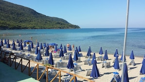 Una playa con hileras de sombrillas azules y tumbonas, una orilla arenosa y una vista despejada del mar y una colina verde al fondo.