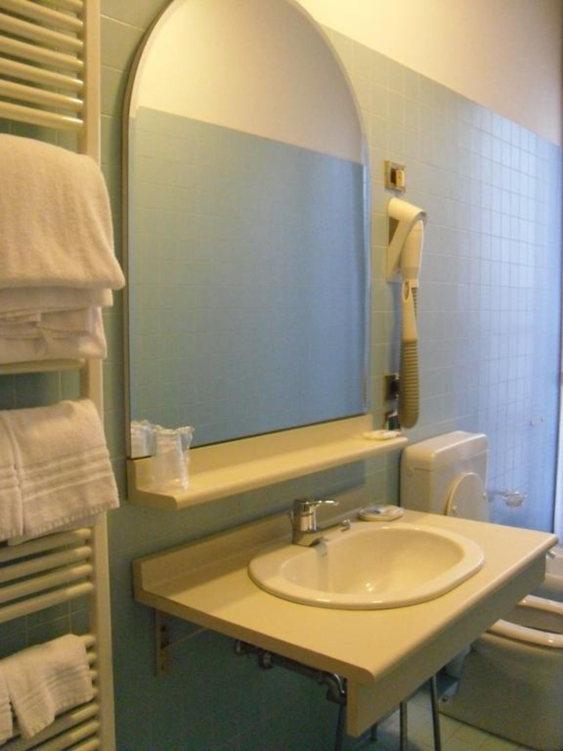 A bathroom with a sink, mirror, towel rack, and a hairdryer.