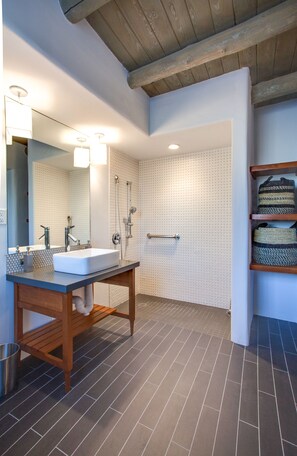 Shower, free toiletries, hair dryer, bathrobes