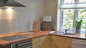 A kitchen with a stove, oven, sink, and a window with a view of greenery. - Haus Frieda (Risum-Lindholm)
