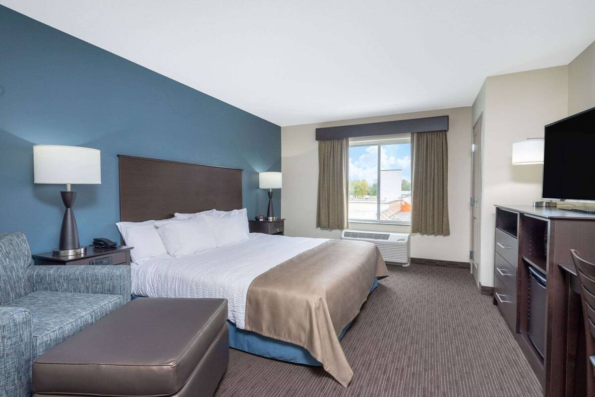 A hotel room with a bed, a desk, a chair, a couch, and a TV.